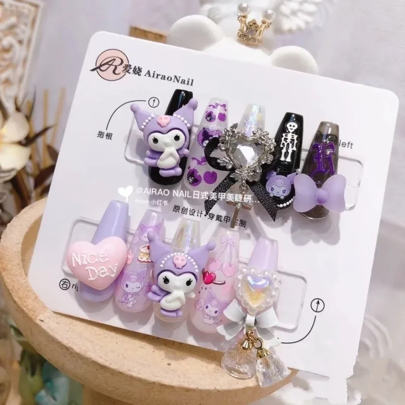 10pcs Girly Heart Kawaii Kuromi Kuromi Anime MINISO Handcrafted Finger Sticker Cute Cartoon Nail Patch Lovely Gifts for Kids