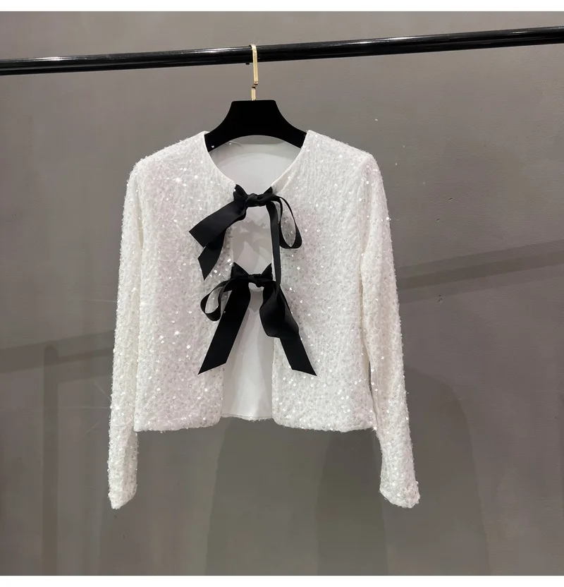 European and American Crew Neck Lace-up Short Sexy Nightclub Sequined Long-sleeved Jacket Winter Clothes Women