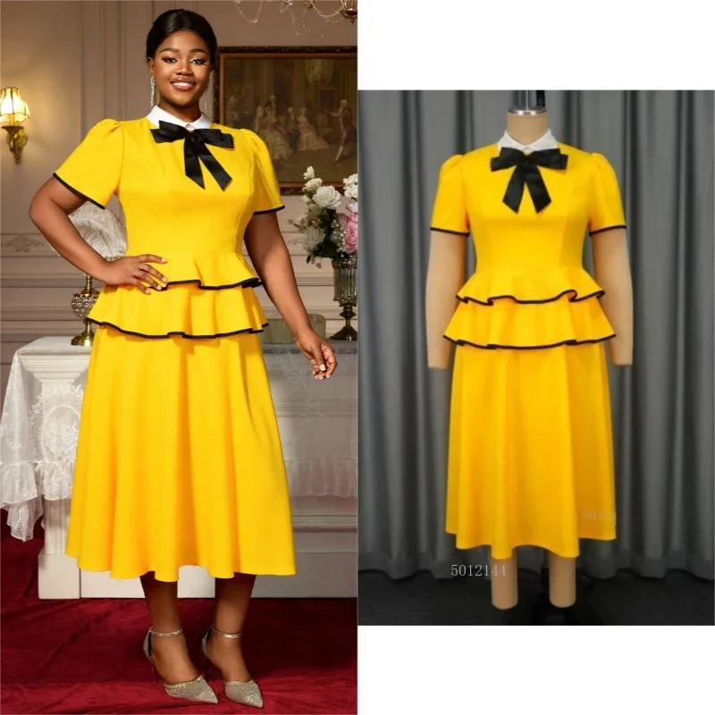 Plus Size Women Casual Office Work Dresses Vintage Yellow Midi Dress Peter Pan Collar Short Sleeves Tiered Ruffle Hem Contrast