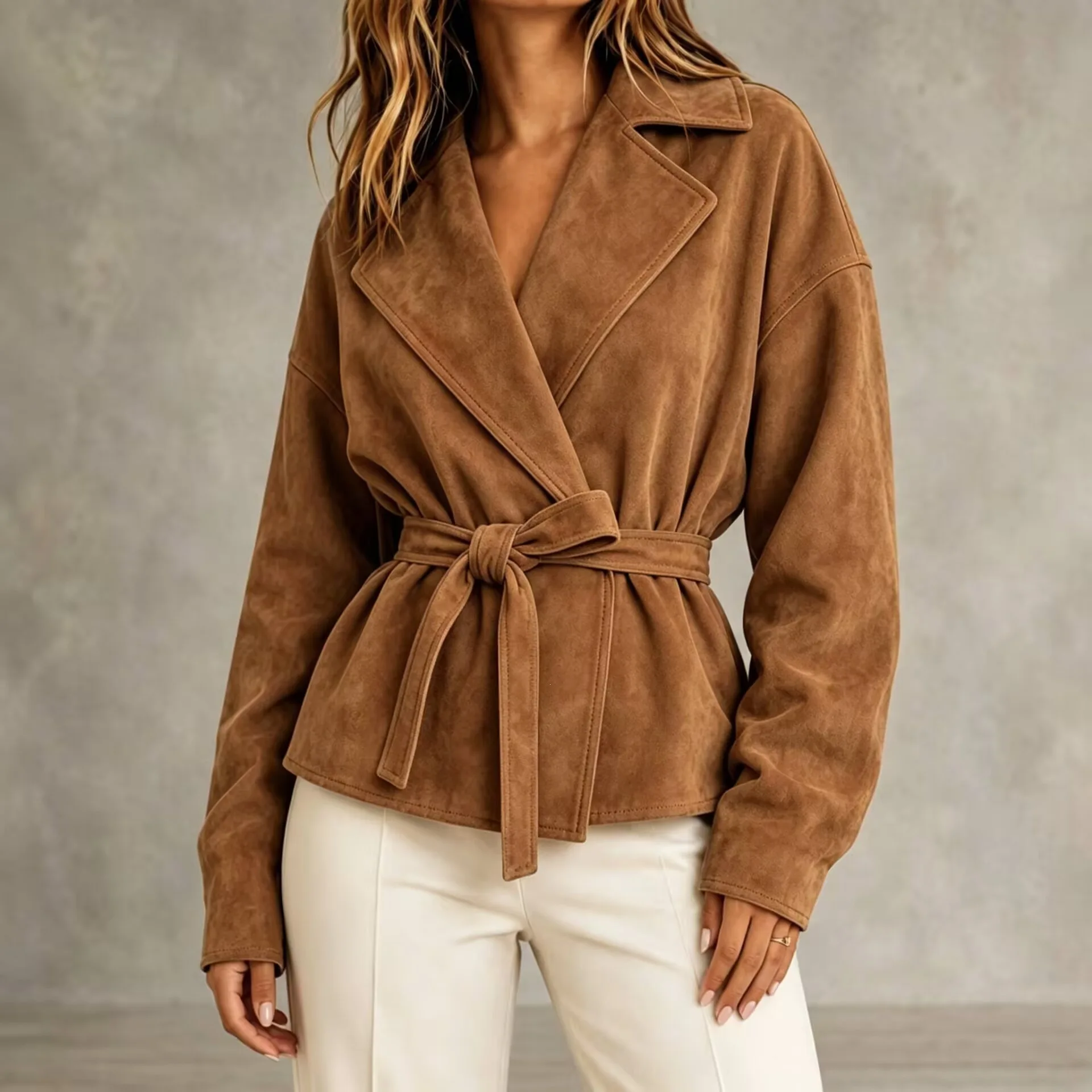 2026 Autumn and Winter Women's New Style Lapel Tie Waist Cinching Short Jacket Loose Long Sleeved Jacket