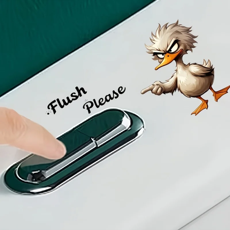 Autocollant de toilette en vinyle « Veuillez jeter la propreté dans la cuvette » avec motif de canard de dessin animé et expression amusante, décoration de salle de bain domestique B09