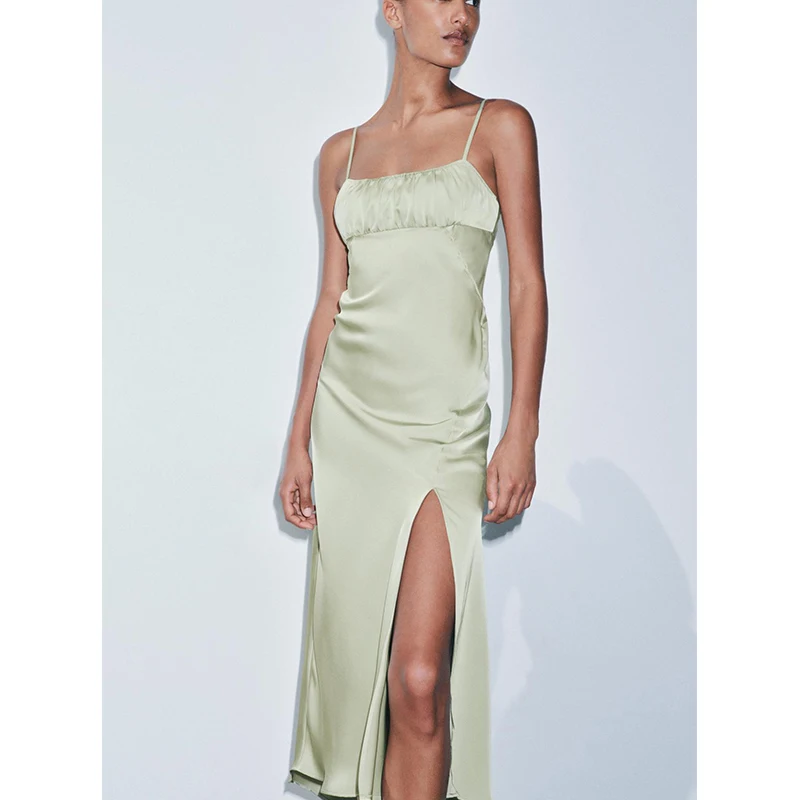 Abito Ele in raso di seta a vita alta con design dritto plissettato Ne Summer Long Svel Dr per donna