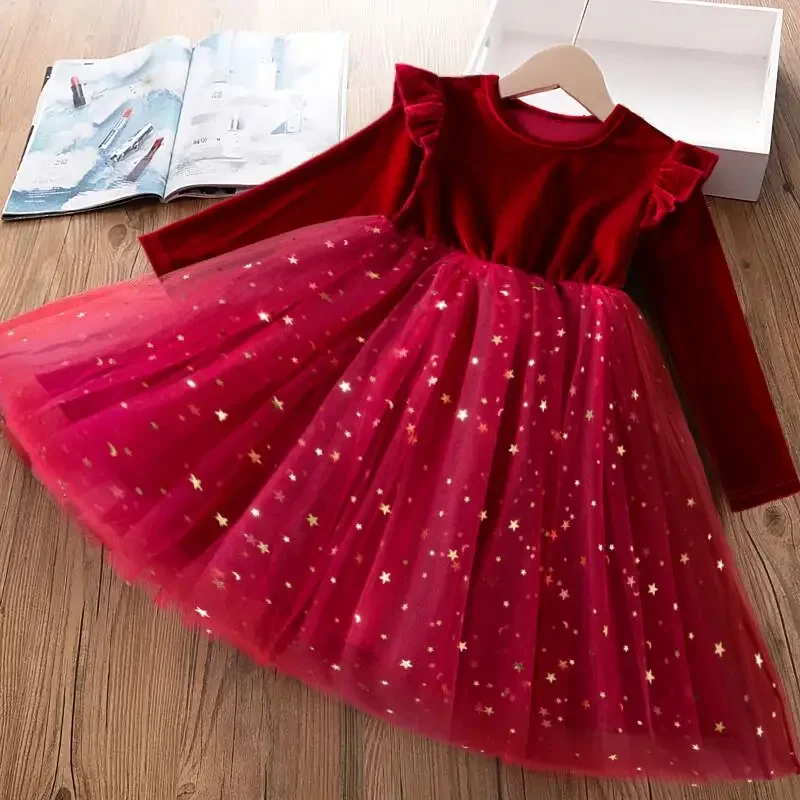 3-8 Years Girls Casual Dresses Autumn Spring Winter Green Sequin Mesh Velvet Children\'s Clothing Christmas Party Kids Costume