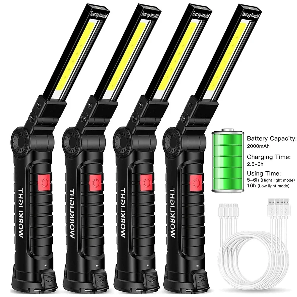 USB Rechargeable COB LED Flashlight 5 Modes Working Light with Magnetic Lantern Portable Camping Torch with Built-in Battery