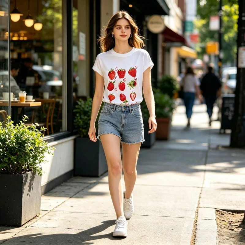 12 Types Strawberry Printing Cotton Tshirts Women Man Summer Fashion Harajuku Loose Cute Couple Round Neck Tees  Kawaii Clothes