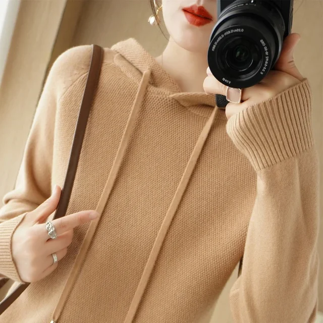 Sweter damski jesienno-zimowy gruby ciepły, długi rękaw Casual luźne swetry z kapturem, dzianinowe swetry solidna moda koreańskie swetry