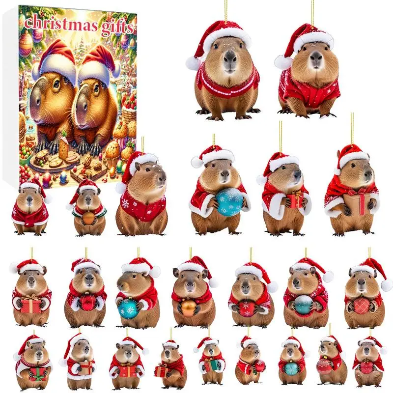 Christmas Advent Calendar Capybara Christmas Countdown Keychain Playset 2D Christmas Fantasy Character Figures Acrylic 24