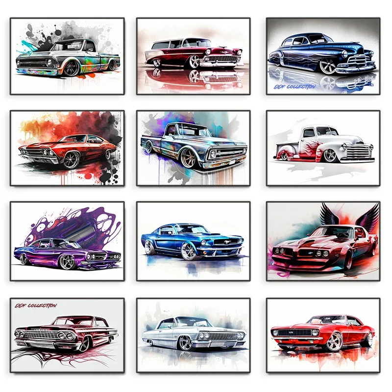Famous Brand Chevy Vintage Cars Poster Watercolor Canvas Painting Luxurious Wall Art for Man Cave Room Home Decor Car Lover Gift