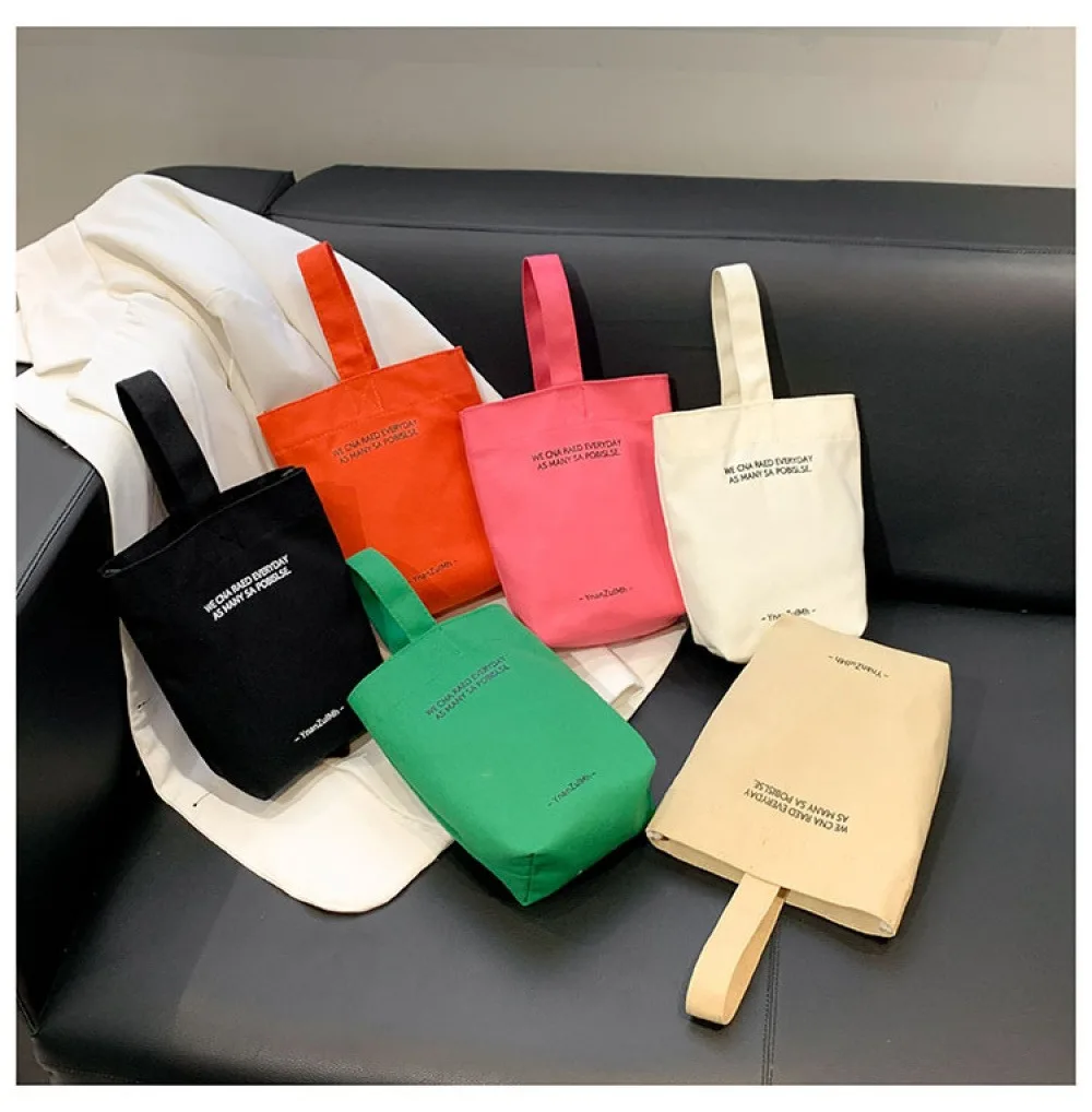 Minimalist Letter Print Canvas Tote Bag Women Simple Solid Color Handbag Portable Small Shopping Bag Daily Casual Mini Canvas Sh