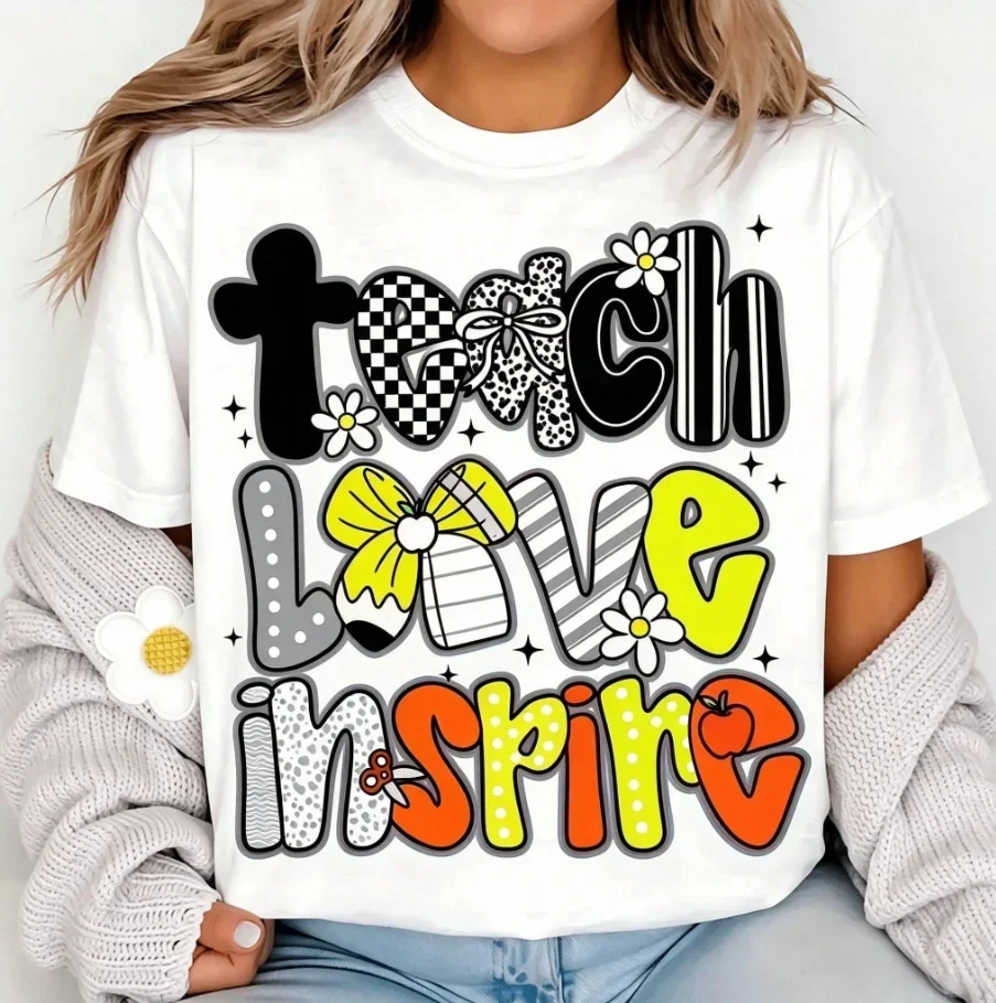 2026 New Arrival Women Crew Neck Short Sleeve Teacher Tee Teach Love Inspire Graphic Print Soft Breathable Casual Top Educator Gift Daily Wear Basic Top T-Shirt