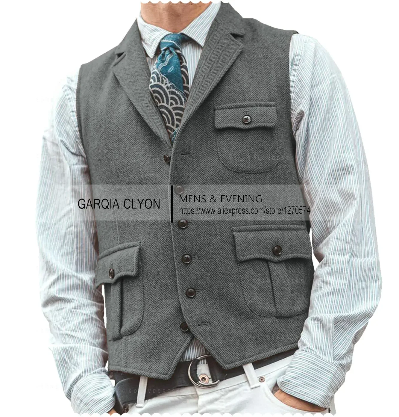 

Men's Vest Peak Lapel Men's Herringbone Farbic With Real Pocket Casual Business Men's Vest Single Breasted For Groomsemen