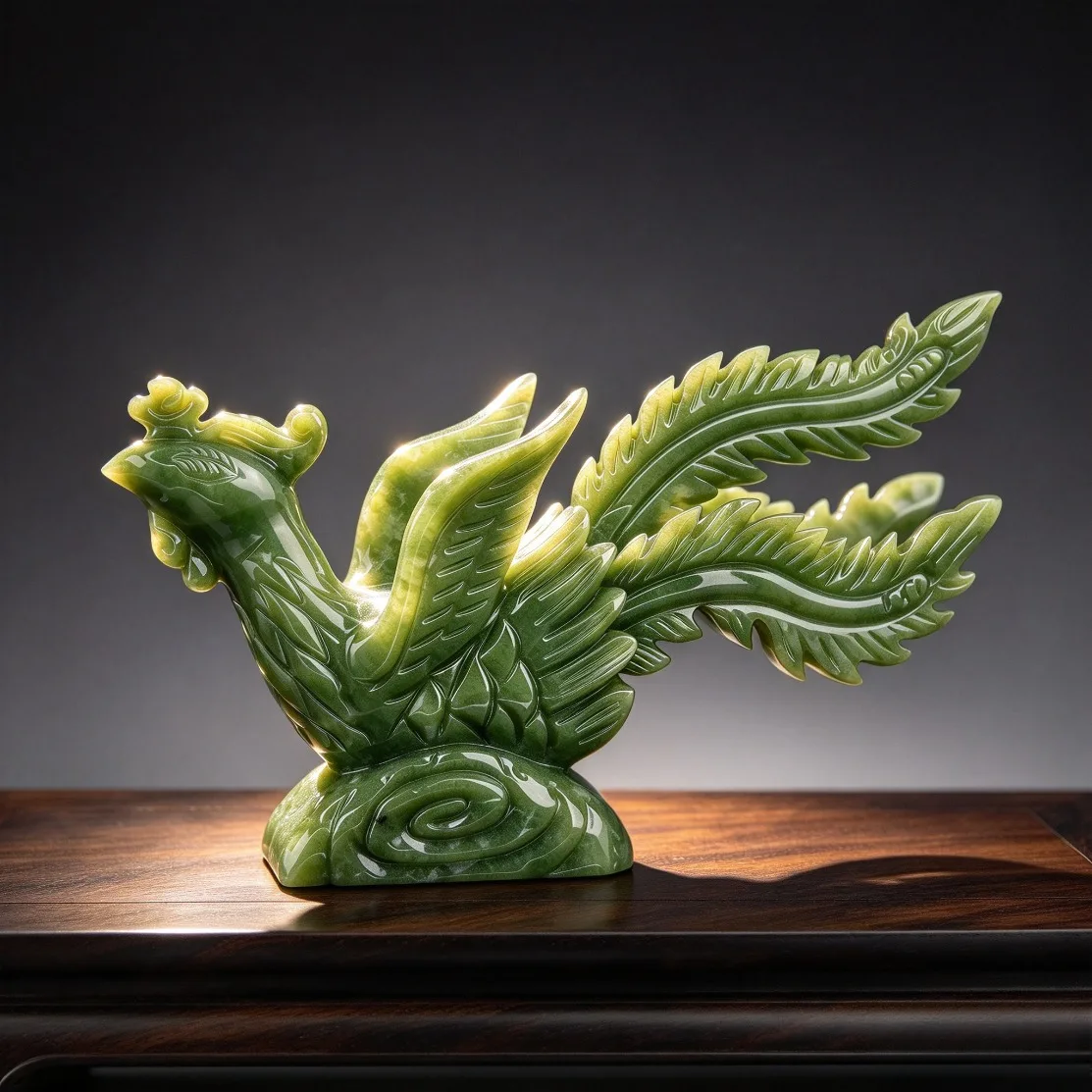 Real Natural Nan Jade Phoenix Sculptures Ornament Feng Shui Crafts Luxury Vintage Carved Jewelry Gifts Home Office Decoration