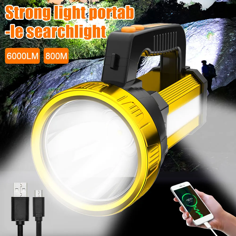 Portable USB Rechargeable Searchlight LED Emergency Flashlight 3 Modes Handheld Spotlight with Power Display