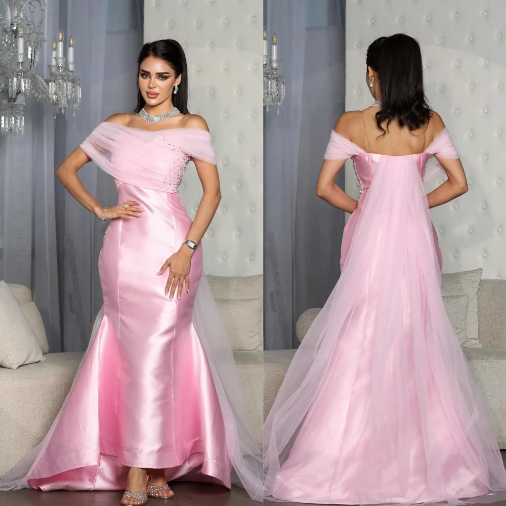 

Customized Sizes Available Satin Pleat Trumpet Off-the-shoulder Long Dresses Evening Dresses Fashion Retro High Quality Sparkle