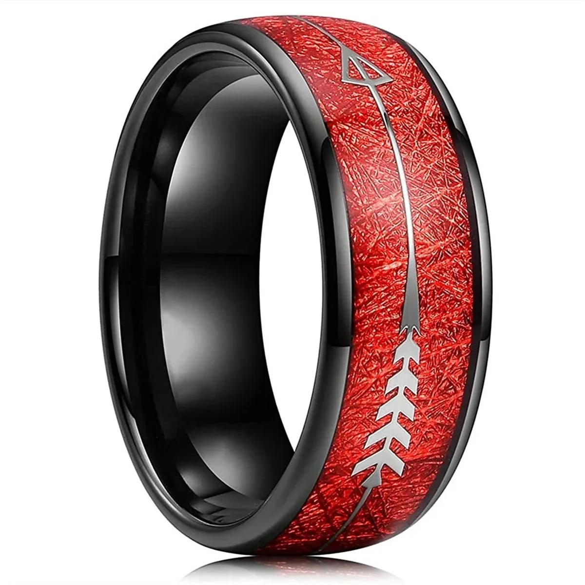 Fashion 8mm Men Black Stainless Steel Arrow Rings for Men Inlaid Red Meteorite Rings Wedding Band Jewelry Drop Shipping