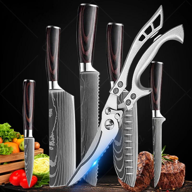 

6PCS Damascus Kitchen Knives Scissor Set Professional Boning Knife Meat Cleaver Utility Knife Japanese Santoku Knife with Cover