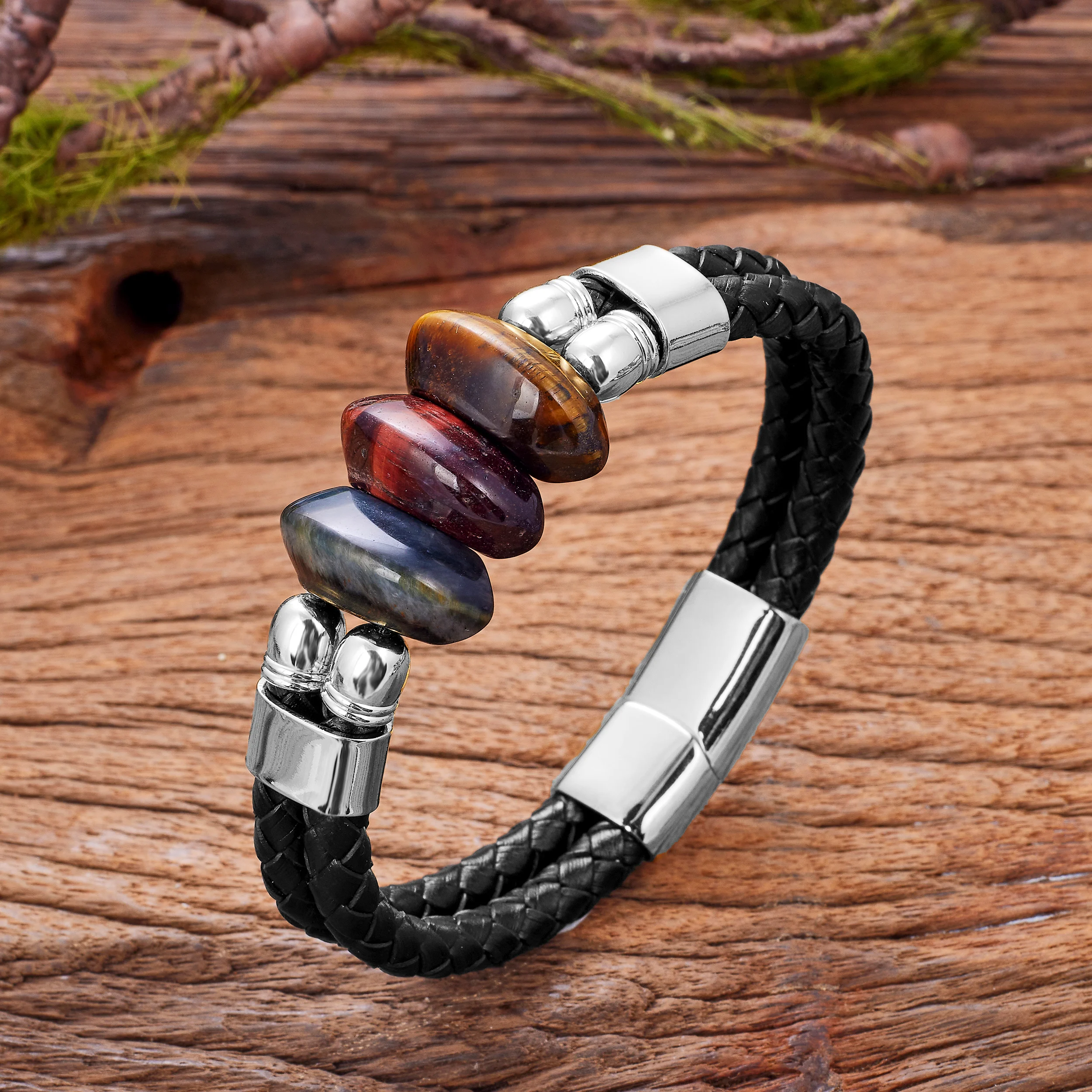 Multi-layer Genuine Leather Natural Tiger Eye Bracelets Men's Stone Jewelry Charm Stainless Steel Buckle Bracelet For Man Women