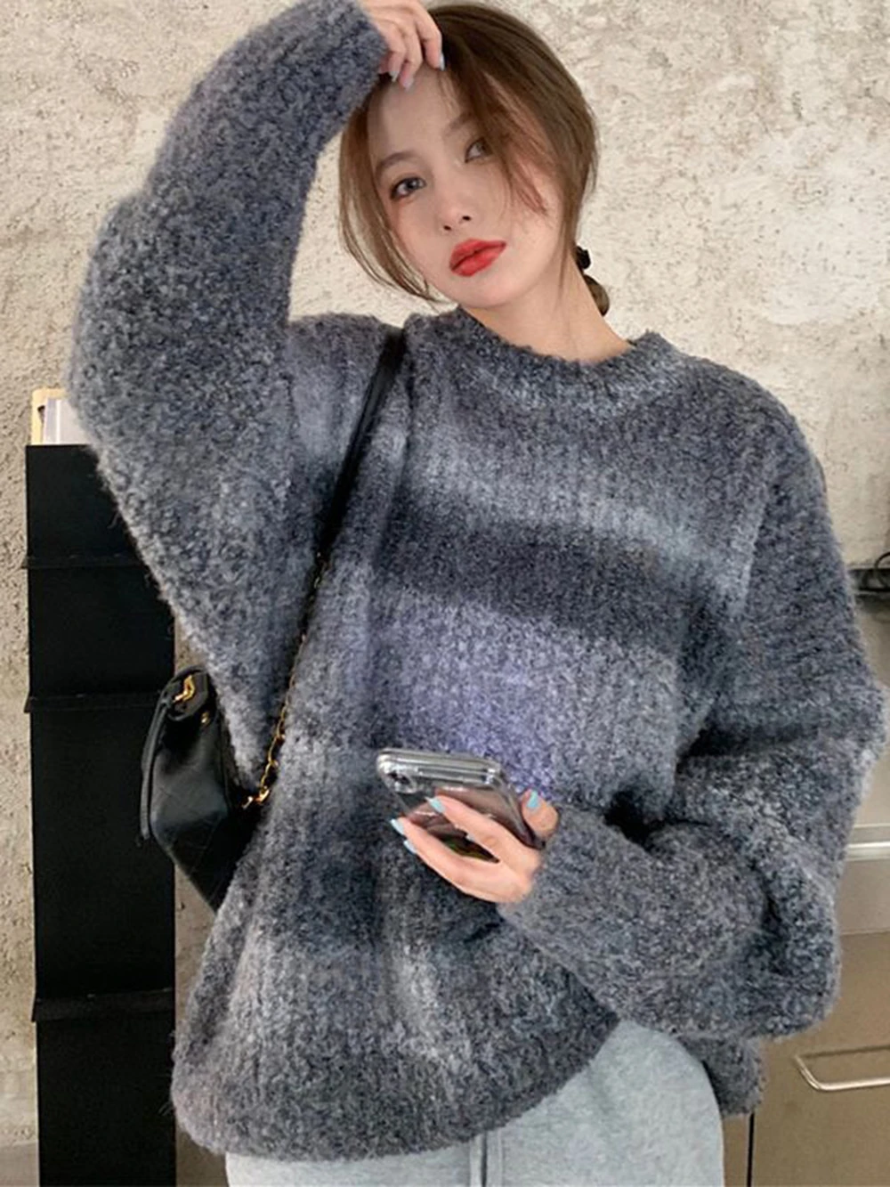 Women Solid Knit Sweater Autumn Winter New Gradient Color Long Sleeved Pullover Casual Loose Warm Warm Tops Female Clothes