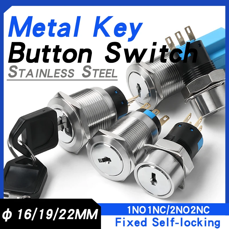 

16MM/19MM/22MM Metal Key Button Switch With Key Stainless Steel Self-Locking 2 Position 3 Position Button Switch