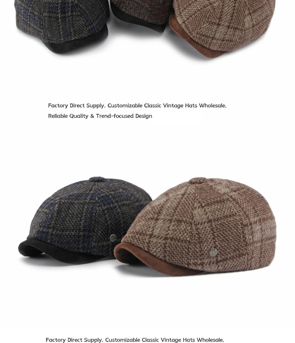 HT5160 Baskenmützen für Männer und Frauen, Künstler- und Maler-Wollmütze, Unisex Ivy Flachmütze, 2026 Neue Herbst-Winter Karierte Achteckige Baskenmütze – Detail 7