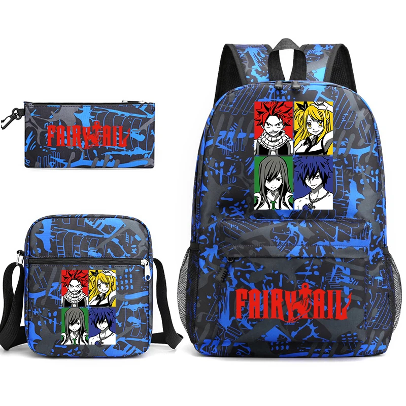 フェアリーテイル-アニメ学生スクールバッグセット-バックパック、ショルダーバッグ、鉛筆ケースが含まれています-かわいい軽量ブックバッグ-ティーンエイジャー、子供向け