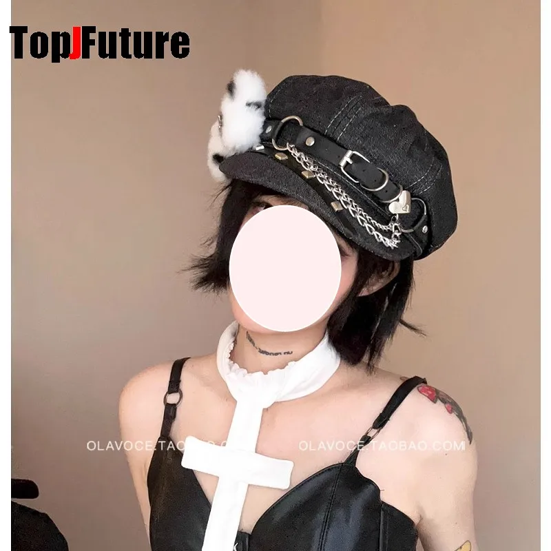 Y2K Girl Women's Harajuku octagonal cap Gothic Punk Lolita Subculture Heavy Industry bone Spike Cap beret newsboy Painter's Hat