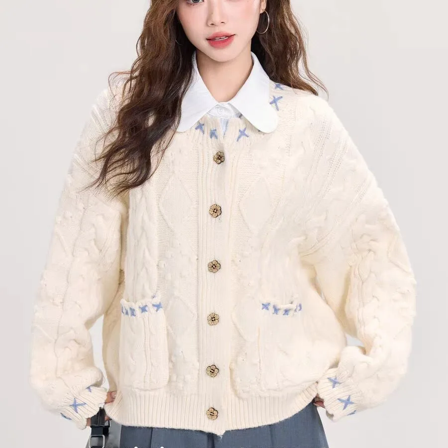 

Women Single Breasted Long Sleeve Tops Thick Knitted Vintage Cardigans Women Autumn Winter 2025 Loose Fluffy Soft Sweater
