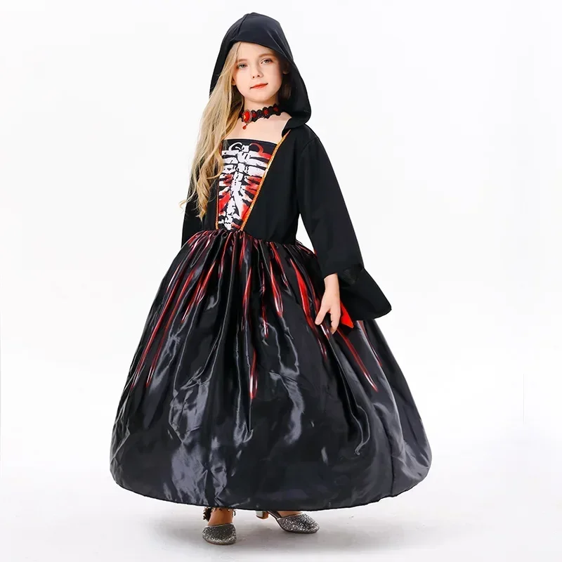 Sydanne New Girls Witch Dress Cosplay Costume Black Horror Party Kids Hooded Dress Skirt Halloween Costume