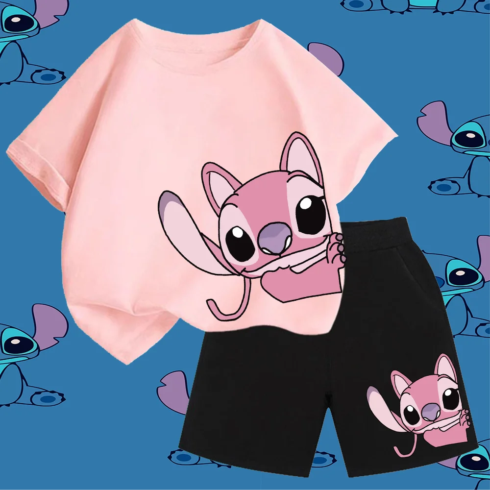 

Летний костюм Disney Stitch для мальчиков, новинка 2025, трендовая хлопковая футболка с короткими рукавами для девочек, детское летнее платье