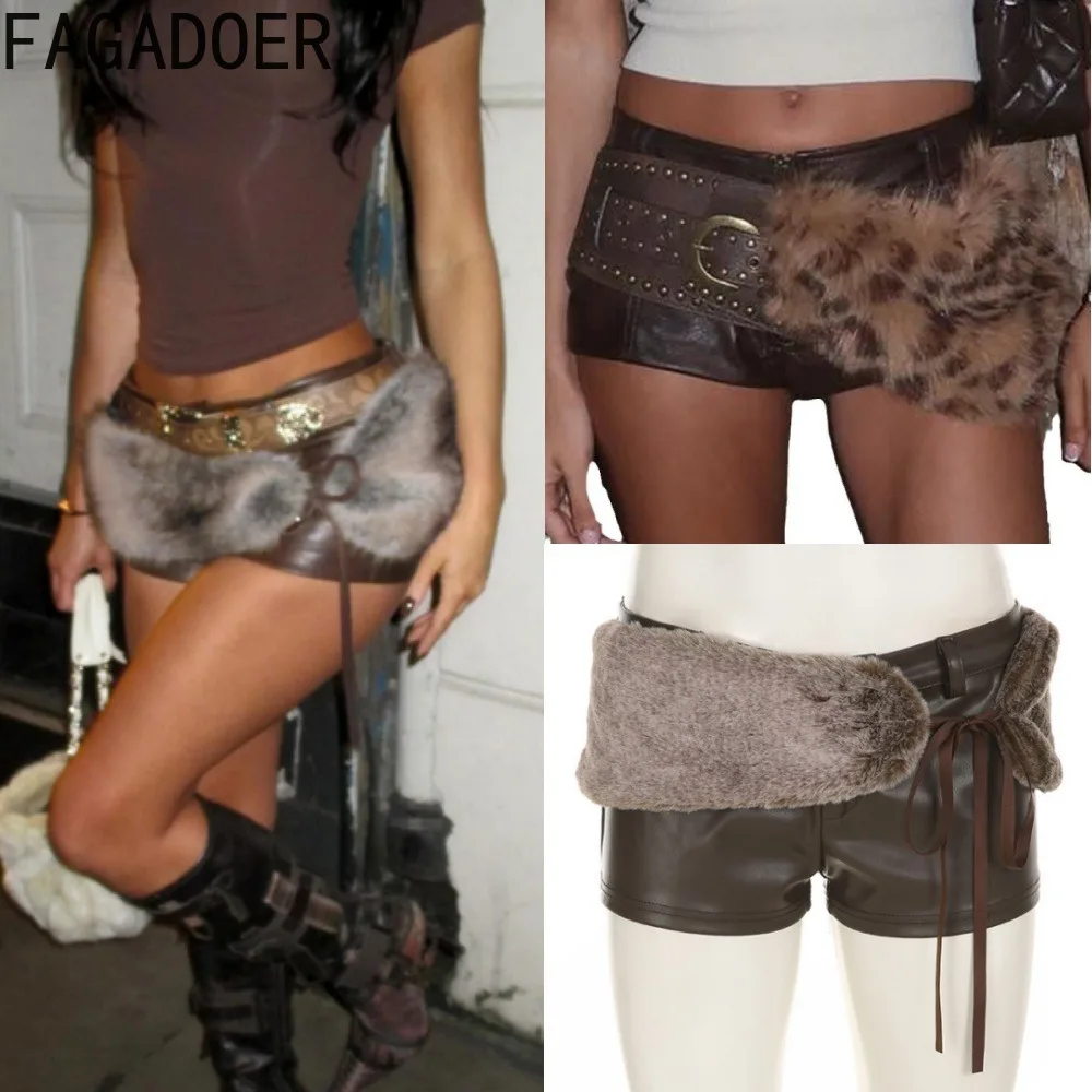 

FAGADOER Y2K Sexy Brown Leather Shorts Womens Leopard Fur Belts Love Heart Low Waisted Gothic Punk Micro Shorts + Fluffy Belt