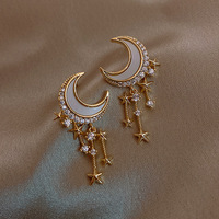 Cute Moon Star Drop Earrings Exquisite Rhinestone Earrings Gold Color Fishtail Mini Earrings Women's Fashion Ear Jewelry Gifts