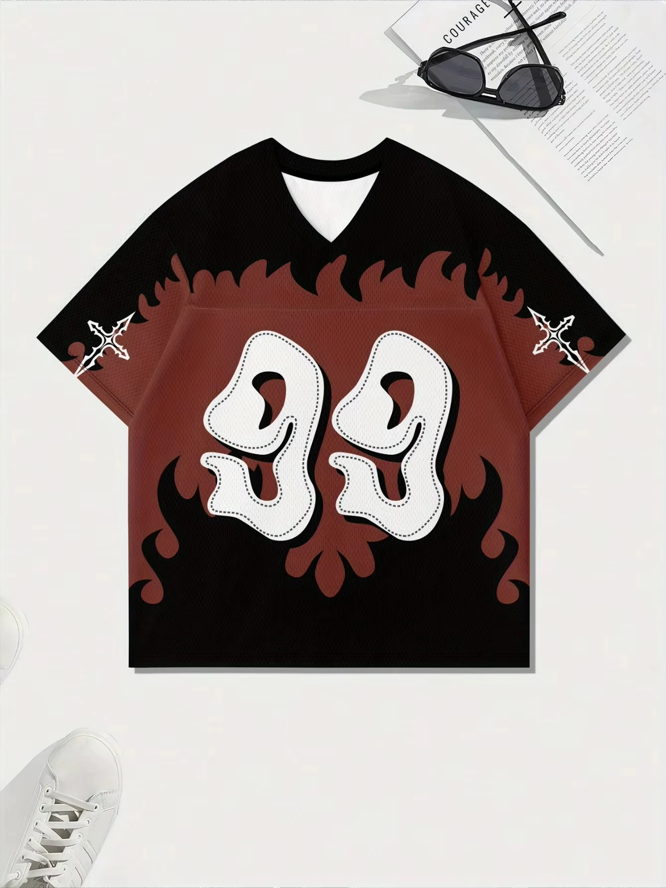 

Women Casual V-neck Short Sleeved T-shirt 99 Printed Pattern and Flame Design in Black Red White Style Summer Quick Drying Top