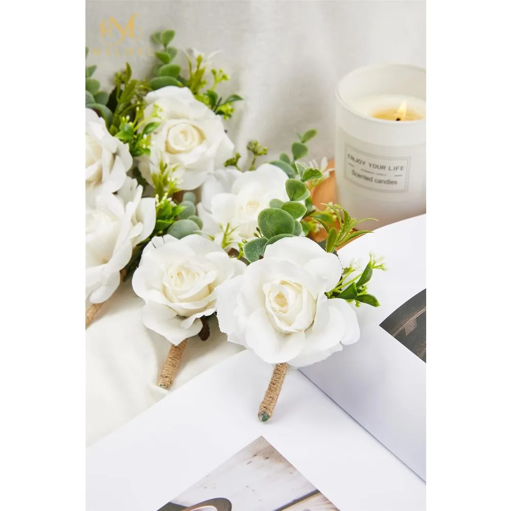 Boutonnieres de rosa blanca marfil para boda de hombres, juego de 2, ramillete artificial para baile de graduación, novio y padrinos de boda boutonniere para cerem
