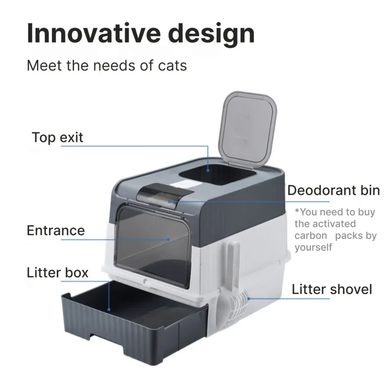 Portable Collapsible Cat Litter Pan with Splash Guard Plastic Scoop - Pet Box with Lid, Easy to Assemble