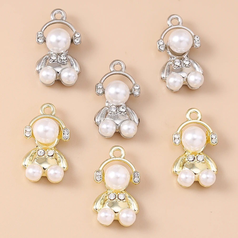 Leslie 5pcs Gold Silver Color Pearls Crystal Bears Charms for Necklace Bracelet Keychain Pendant Diy Jewelry Making Findings