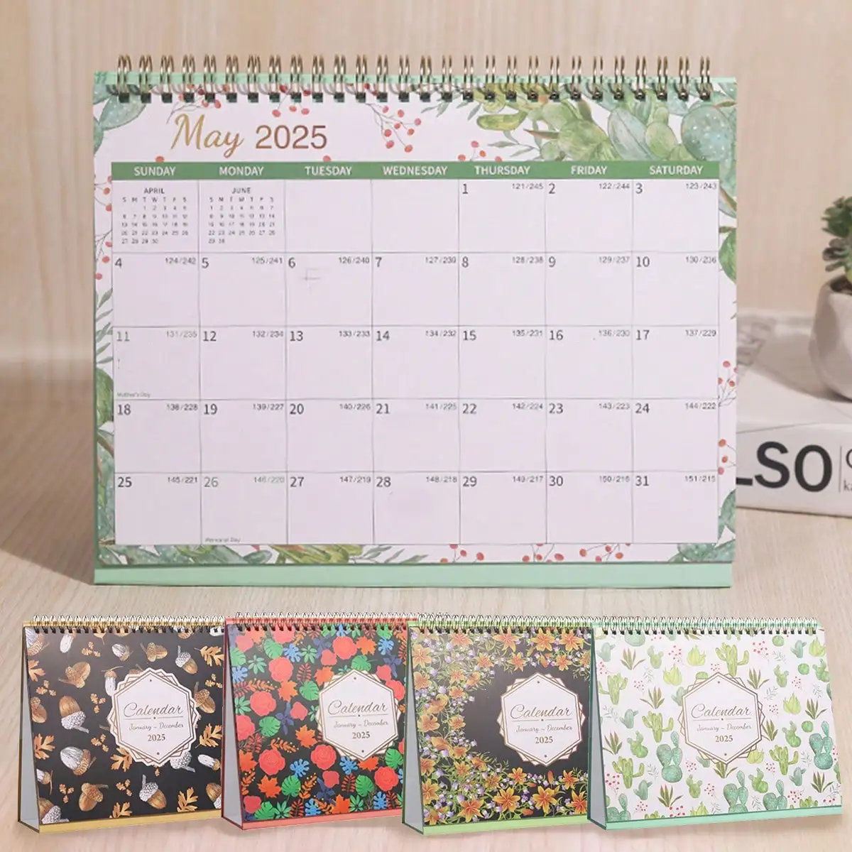 1Pc 2025 Flower Creative Flip Page Calendar English Desktop Calendar Small Ornament Simple Desktop Decoration Plant Pattern