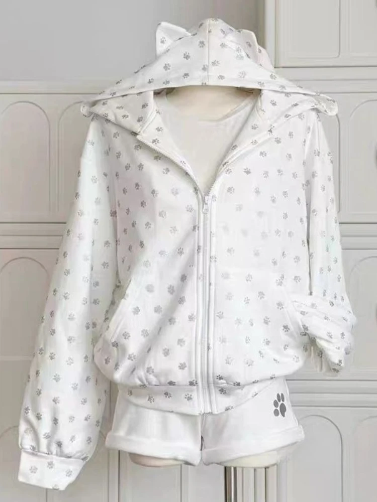 Sweet Print Design Sense Ears Hooded Female Kawaii Zipper Sweatshirt Jacket Korea Chic Design Cardigan Top Y2k Shorts Suit Women