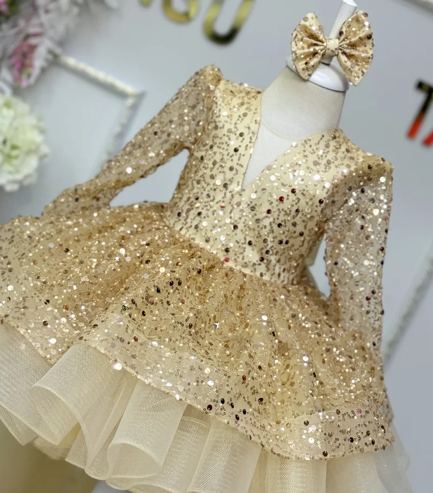 Gold Baby Girl Dress with Removable Tail Princess Dress Sequin Embroidered High Low Flower Girl Dress Kid Birthday Party Gown