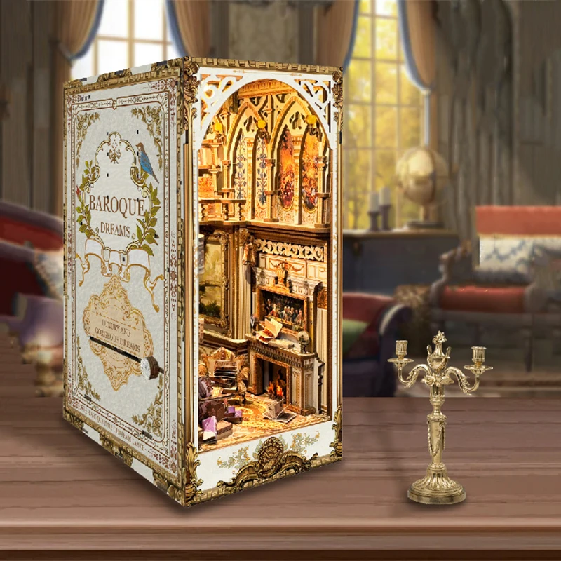 NOWOŚĆ DIY Book Nook Drewniany miniaturowy zestaw modeli do składania Retro Court Casa Bookend ze światłem Puzzle 3D Półka na książki Wystrój domu Przyjaciele Prezenty