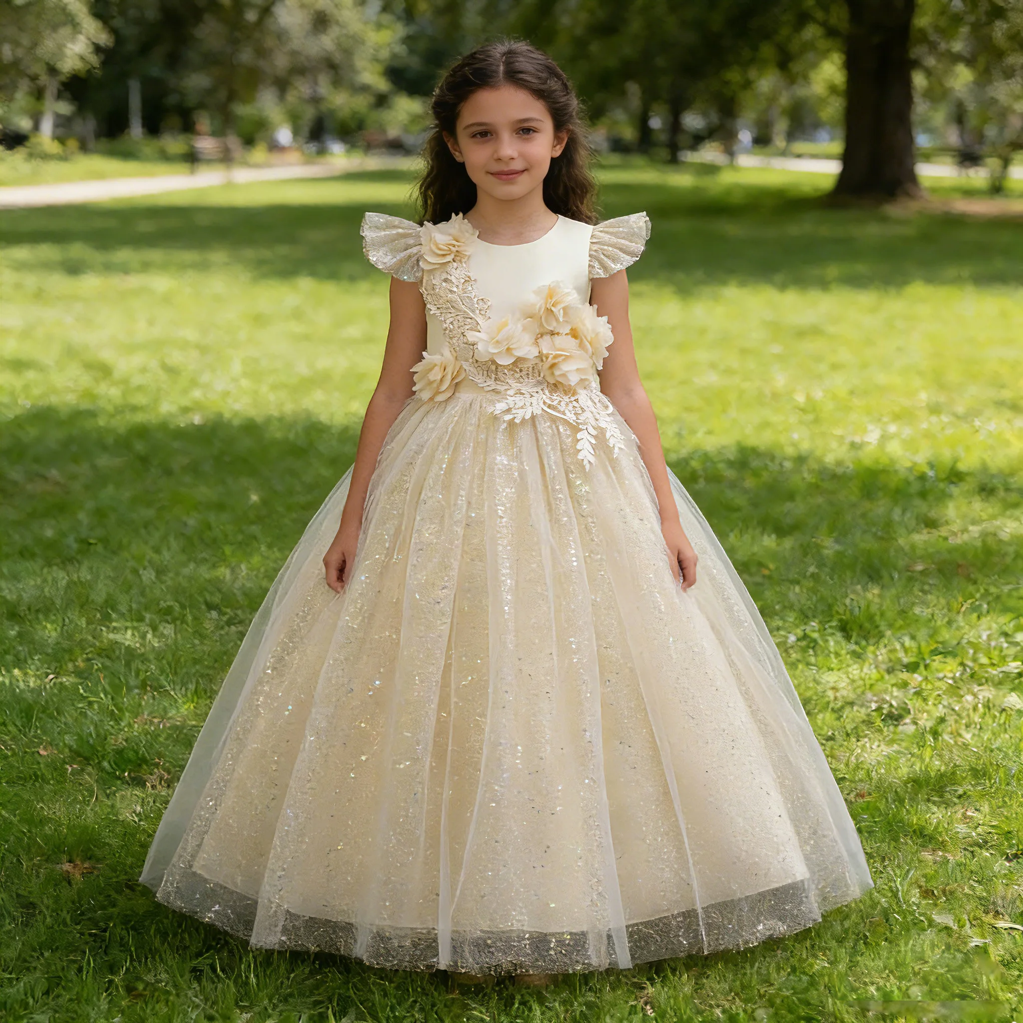 

Платье для девочек на свадьбу, детское, из тюля, длинное, с 3D цветами, кружевом и вышивкой бисером, для праздников и вечеринок