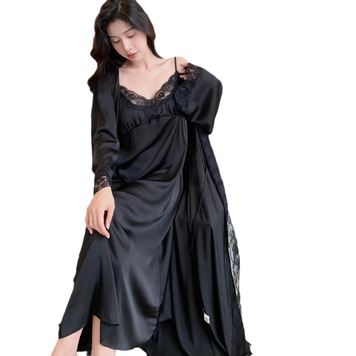 2PCS Women Lace Long Robe Set Nightgown Underwear Summer Faux Silk Bathrobe Gown Suit Sleepwear Kimono Homedress Lingerie