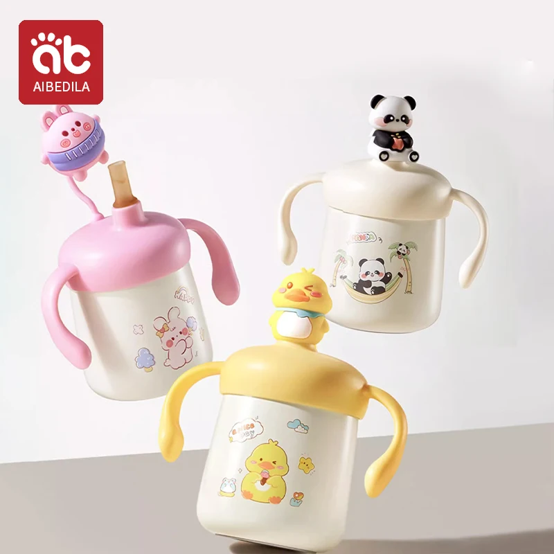 Aibedila-ステンレス鋼の子供用ウォーターカップ,ダブルハンドル付きドリンクカップ,漏れ防止ウォーターボトル,赤ちゃんの学習,300ml