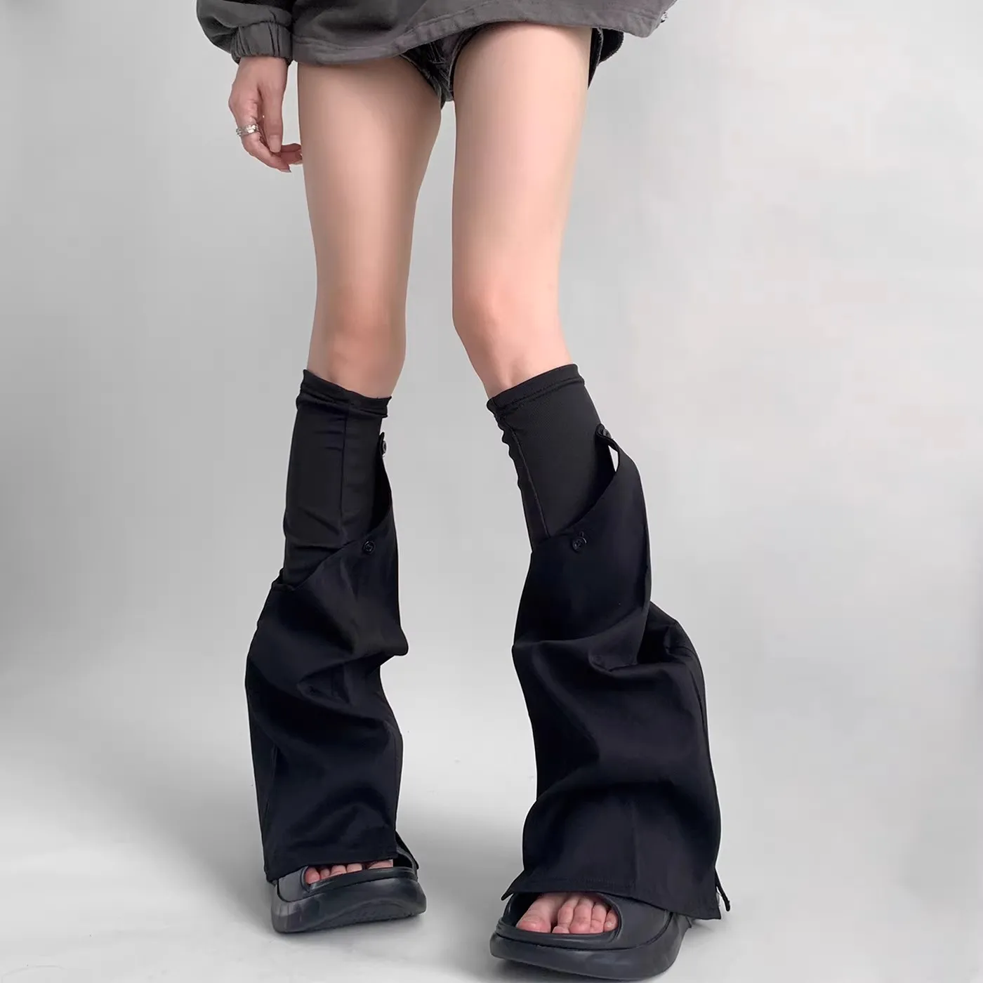 Women Spring Sporty Unique Flared Mid‑Calf Wide‑Leg Black Spliced Leg Warmers R2574
