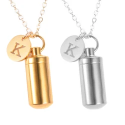 Stainless Steel Cylinder with Letter Charm Cremation Necklace for Ashes Holder Bottle Urn Jewelry Memorial Pendant Keepsake