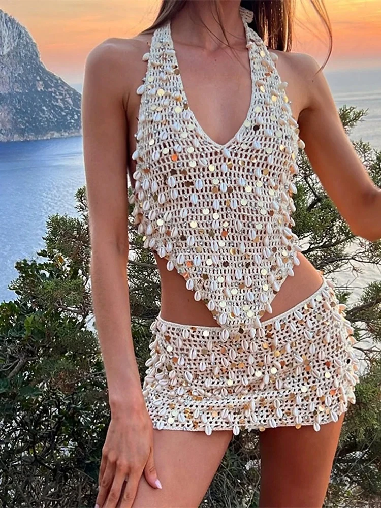 

Shell Sequin Vest Skirt Set Women Knitted Halter V-neck Hollow Out Lace Up Backless Top Mini Skirts 2025 Summer Beach Lady Suit