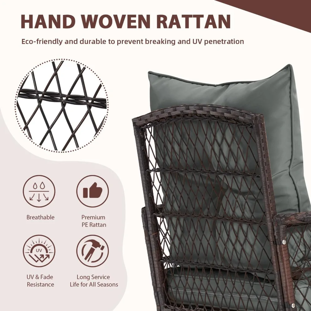 طقم فناء مكون من 3 قطع، كراسي فناء هزازة دوارة خارجية مع وسائد سميكة وطاولة زجاجية للشرفة الأمامية