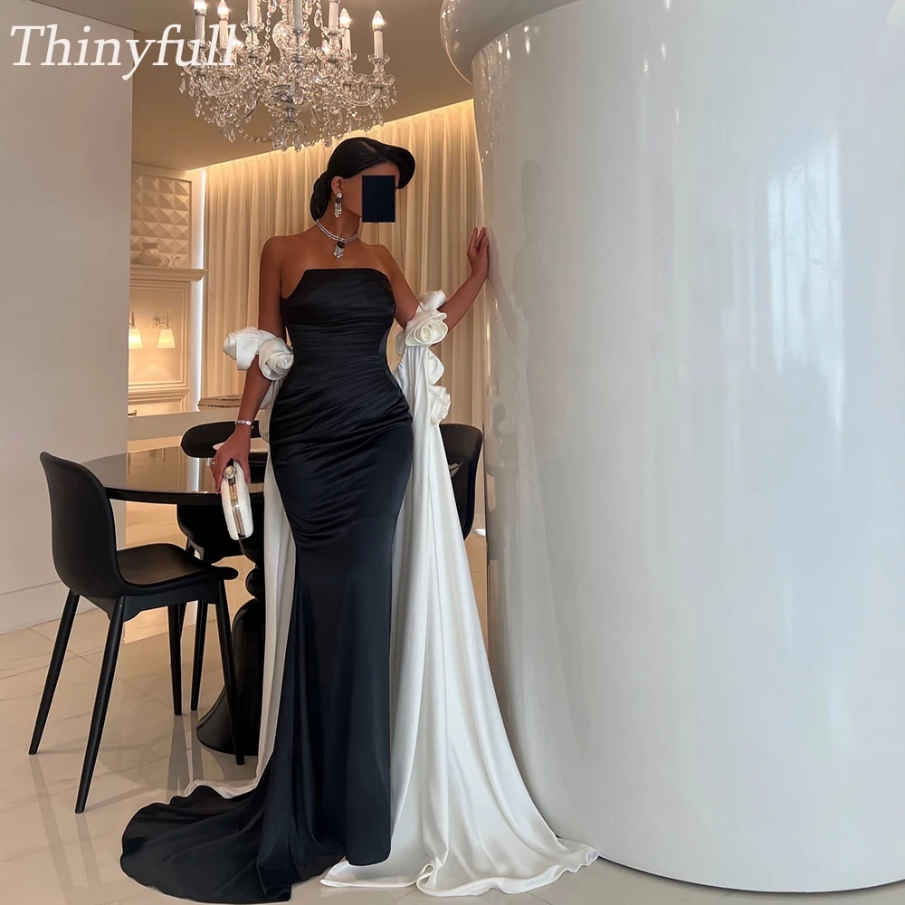 

Thinyfull Mermaid Dubai Prom Dresses Strapless Sleeveless Satin 3D Flower Shawl Evening Dress Formal Occasion Gown Robe De Soiré