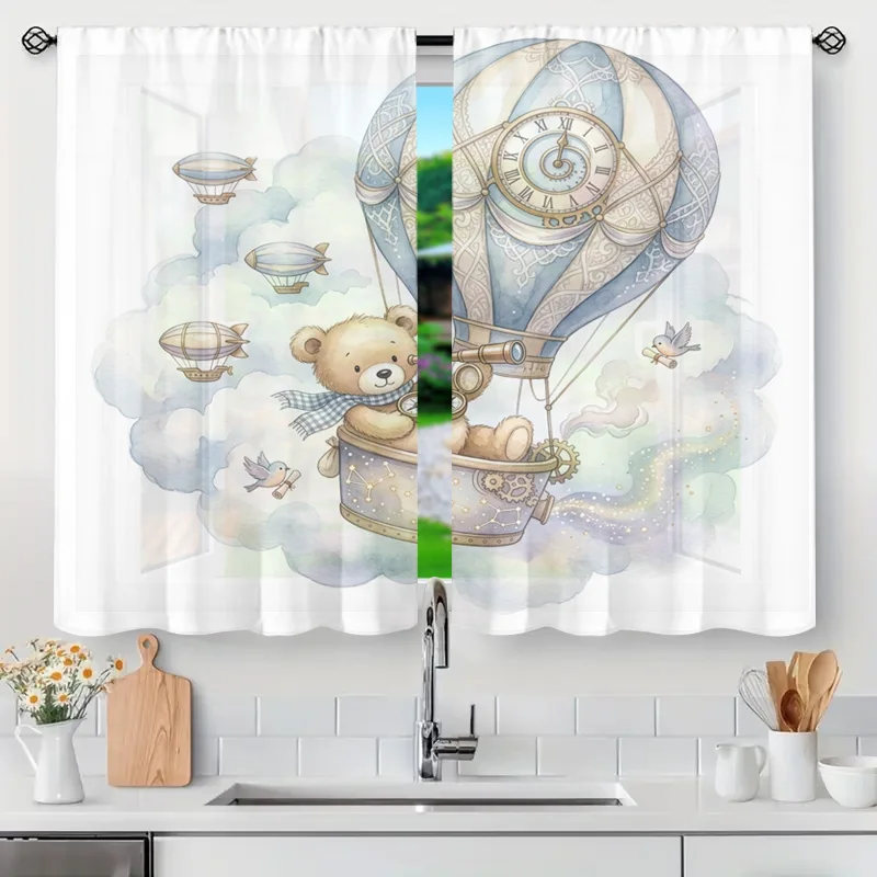 Whimsical Teddy Bear Hot Air Balloon Window Curtains Watercolor Nursery Decor Drapes Kids Room Storybook Print Window Treatment