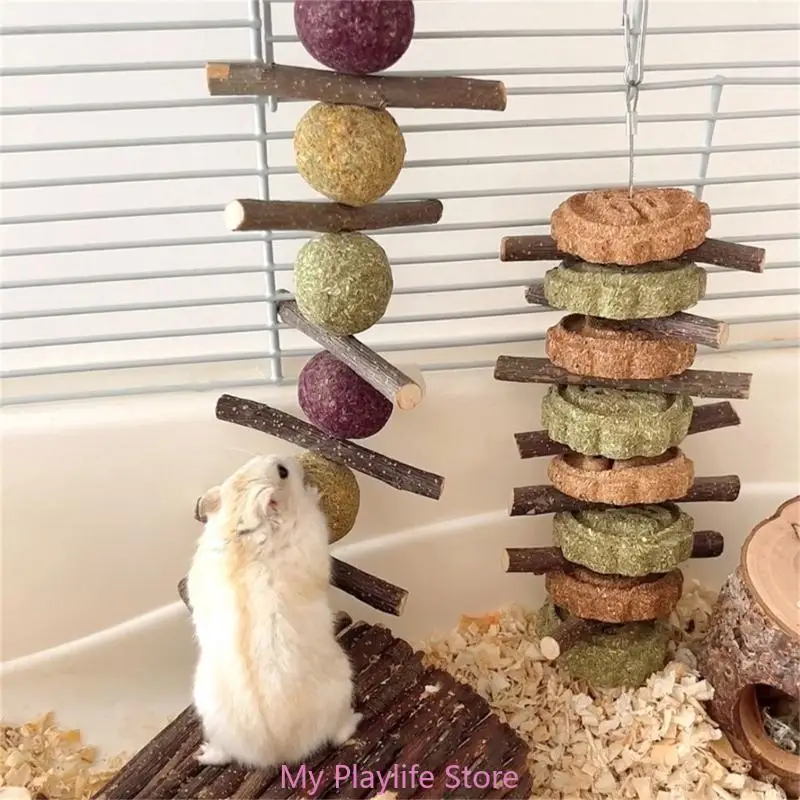 Rabbit Chew Toy Hamsters Hanging Hays Treat Bamboos Stick Grass Cake Wood Twigs Toy for Squirrels Small Pet Teeth Grinding