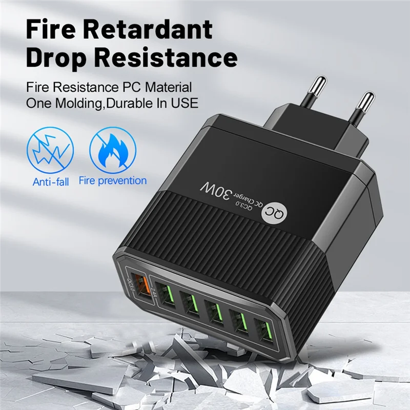 

6 Ports USB 30W Quick Charger Cell Phone Chargers Power Adapter US Plug Black (1 Pcs)-Y41A